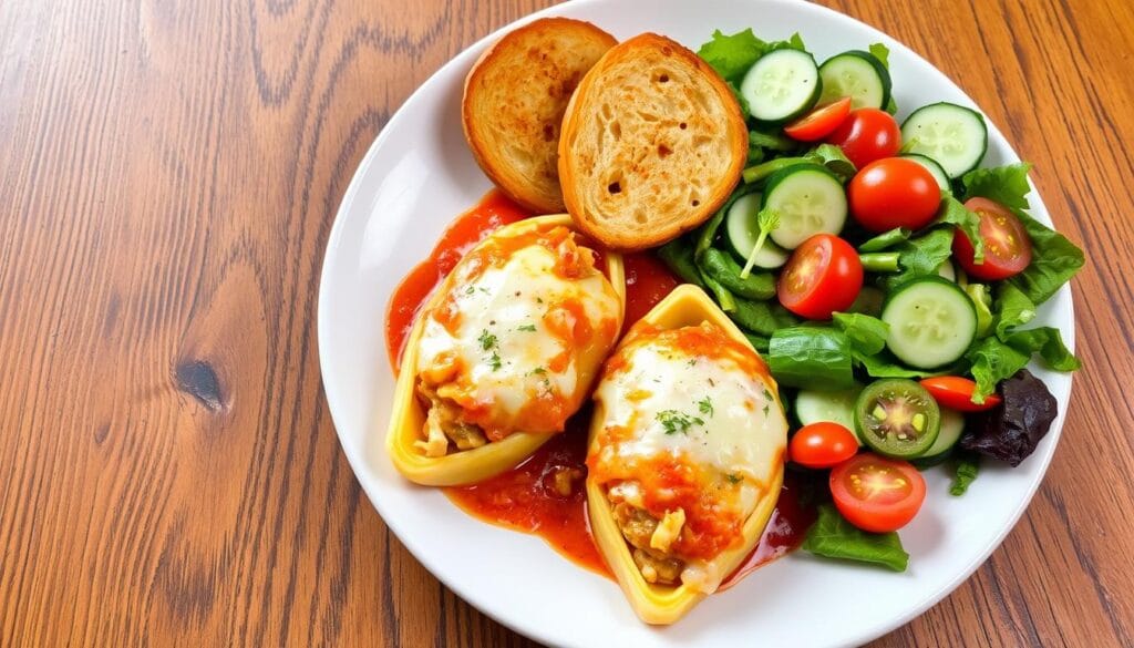 Chicken Stuffed Shells with Garlic Bread and Salad Chicken Stuffed Shells with Garlic Bread and Salad