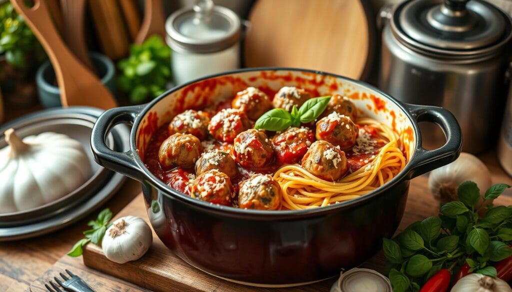 Dutch Oven Meatballs and Spaghetti Recipe Dutch Oven Meatballs and Spaghetti Recipe
