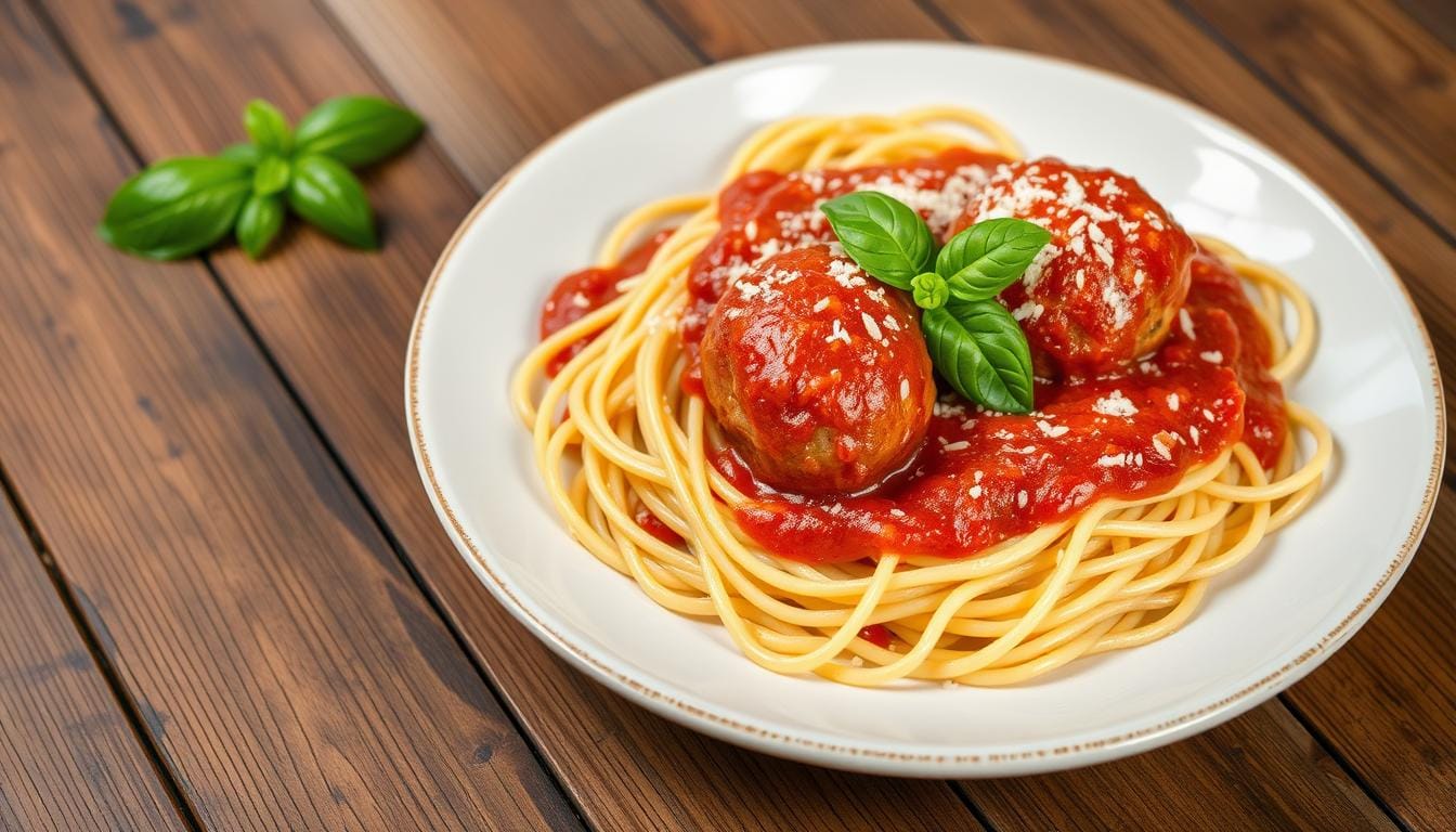 pasta with marinara sauce with two meatballs in it